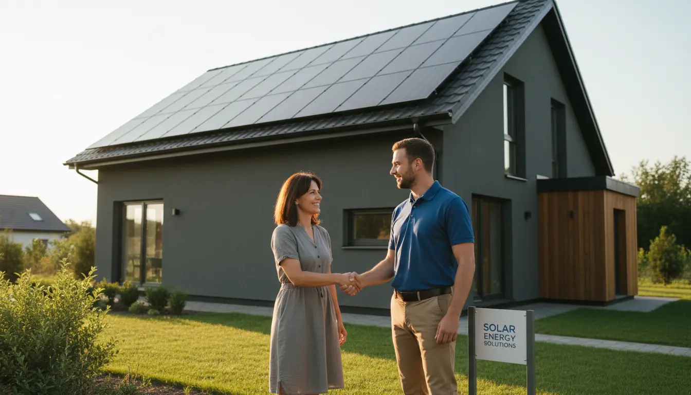 Consultant and homeowner shaking hands in front of house
