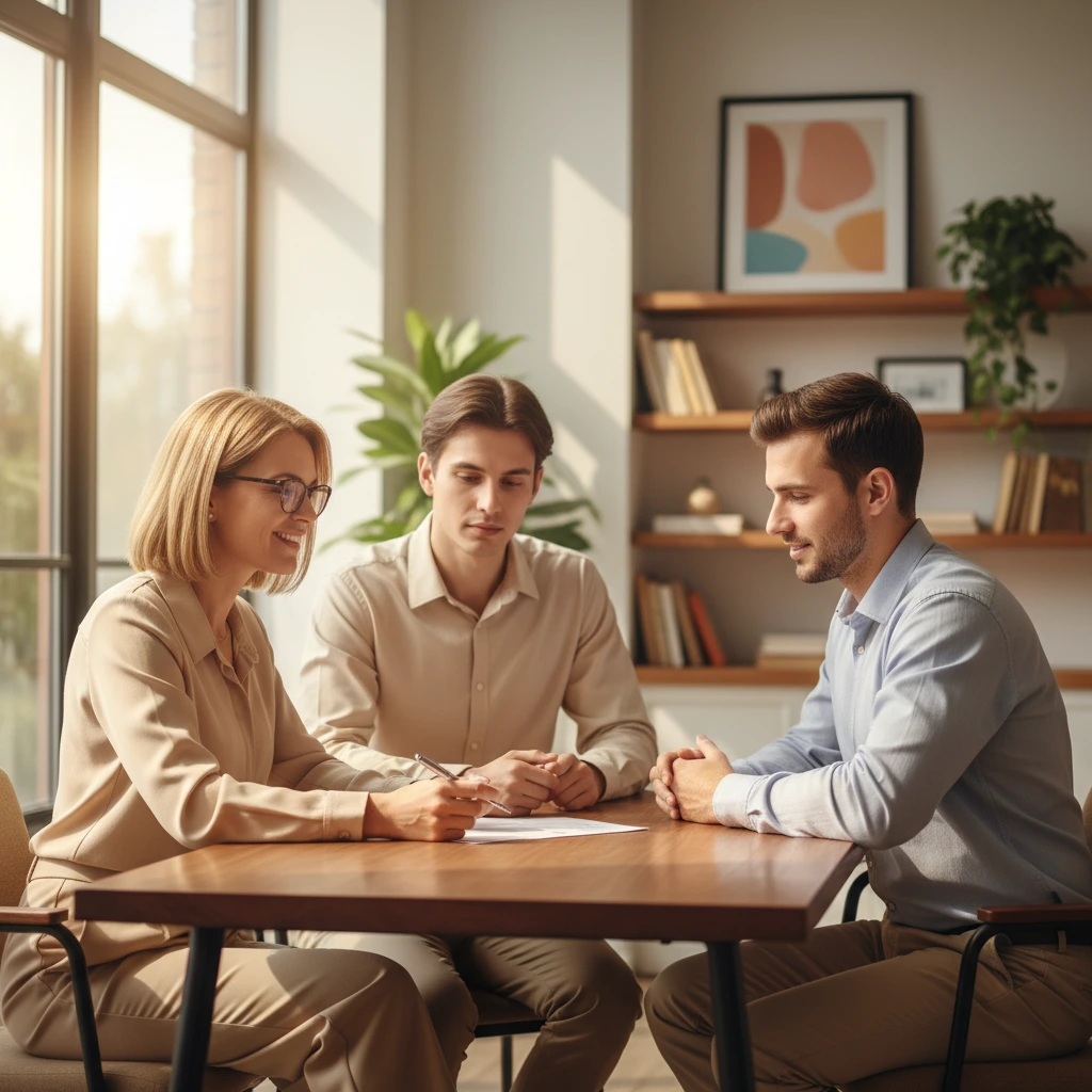 Couple discussing with consultant at a table
