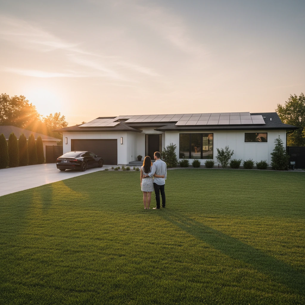 Couple looking at a house at sunset