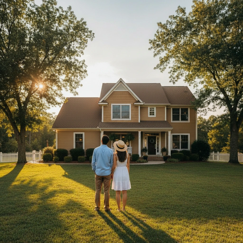 Couple looking at a house with trees