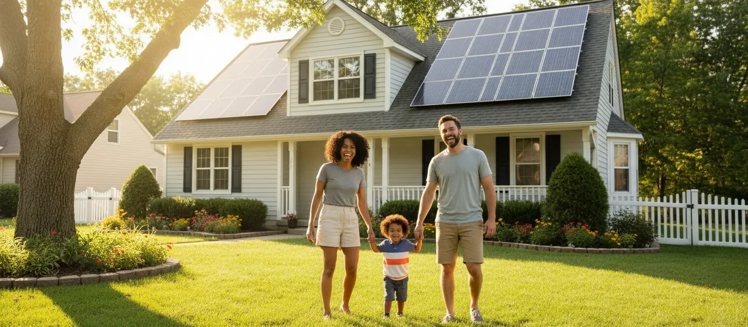Family in front of a house with solar panels