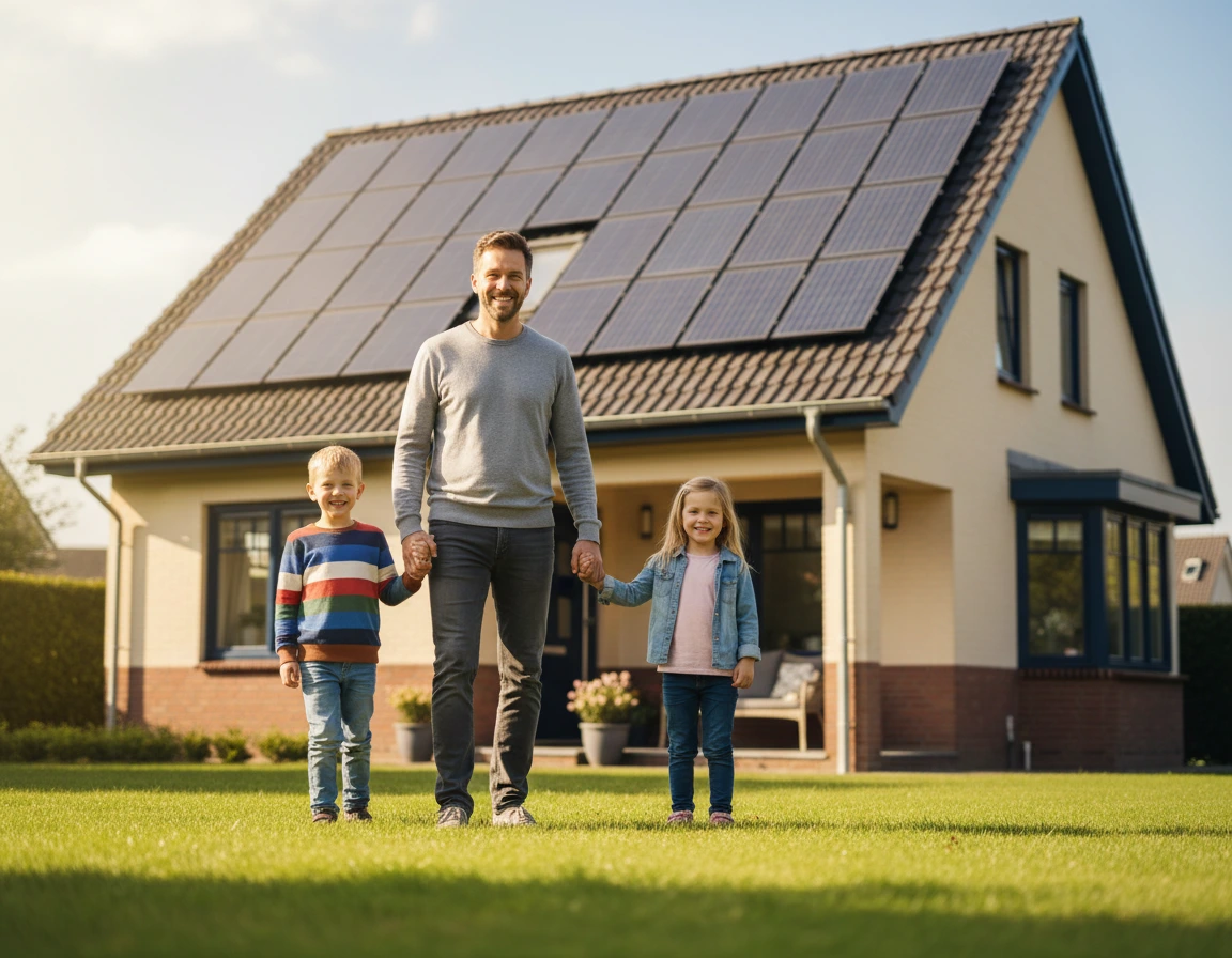 Father and children in front of house with solar panels