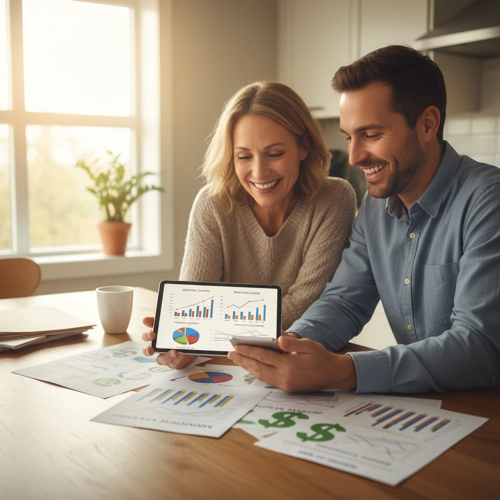 couple holding a tablet with a chart