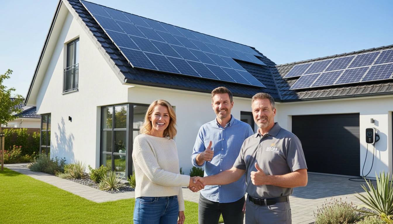 Homeowner couple shaking hands of solar installer