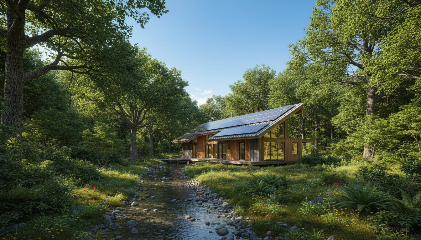House with solar panels in a forest