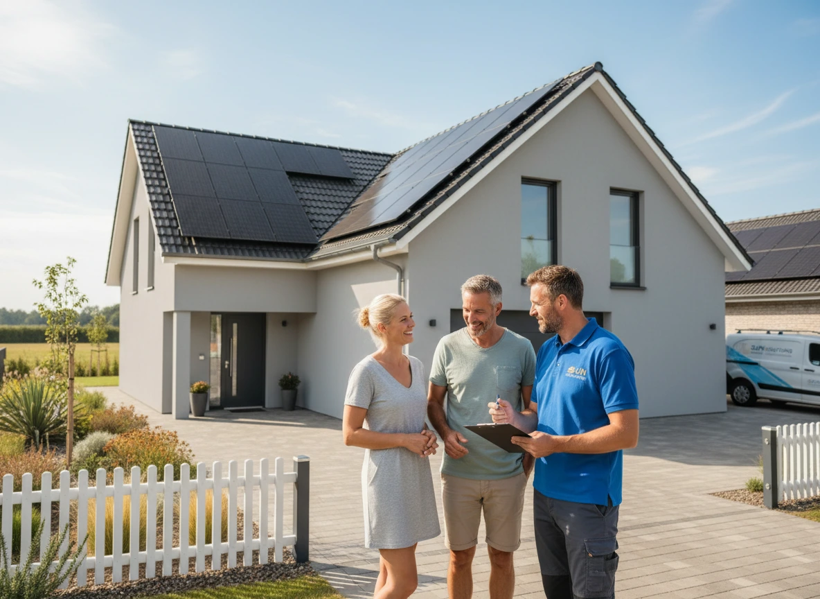 Installer holding clipboard next to couple in front of house