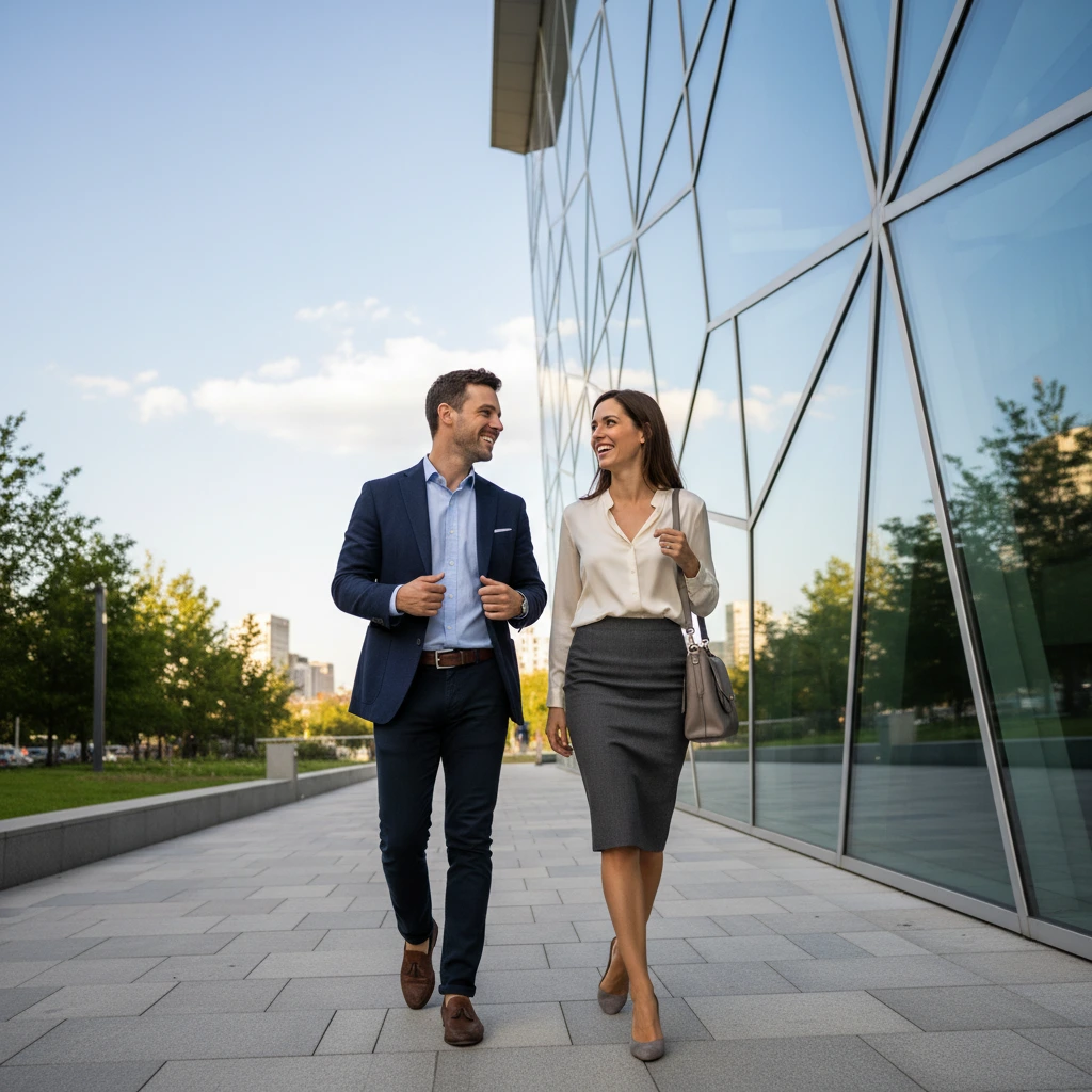 Office workers walking together in front of a glass office building
