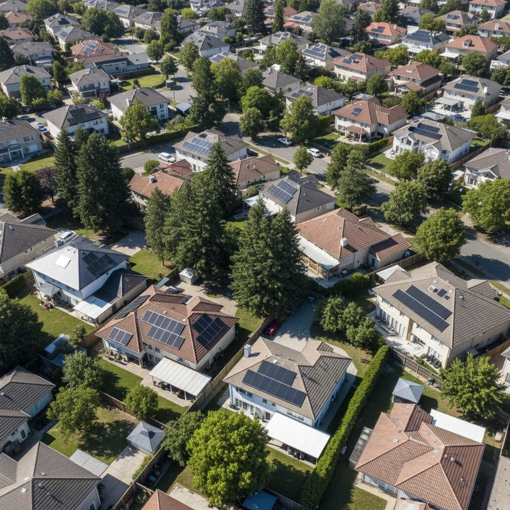 Overhead of a neighborhood with solar
