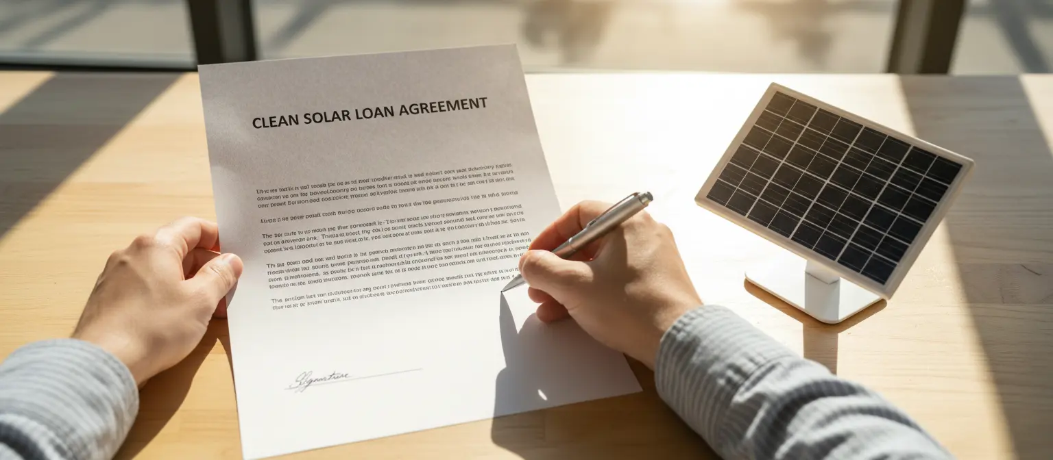 Signing documents next to a mini solar model