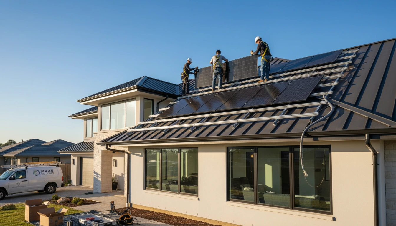Solar technicians installing on a house