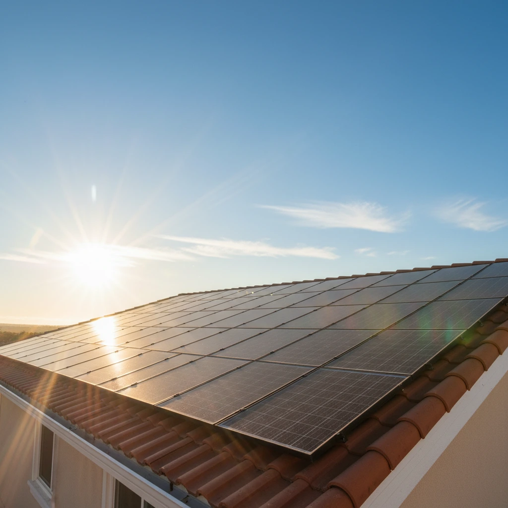 sunset over solar panels