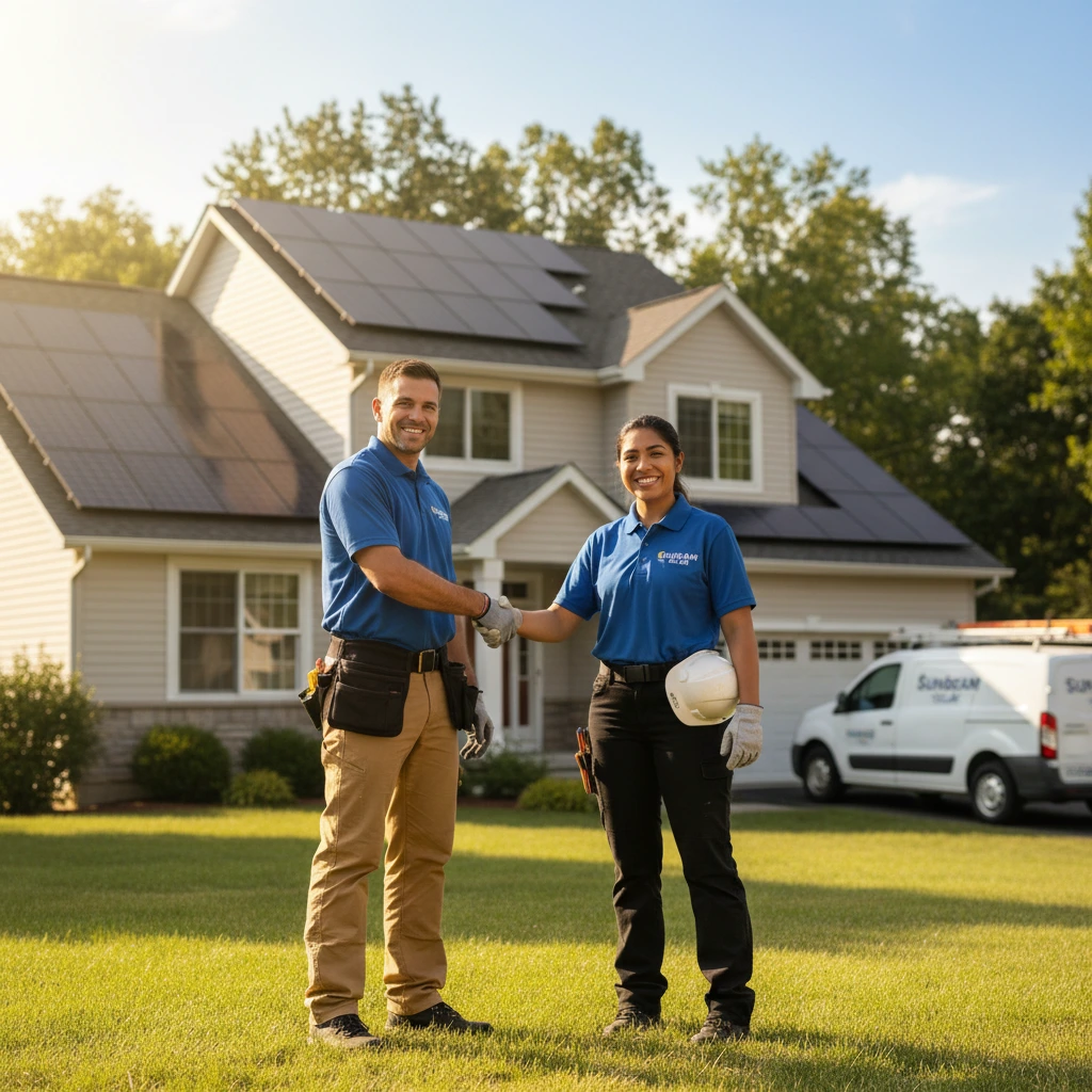 Workers shaking hands in front of house with solar panels