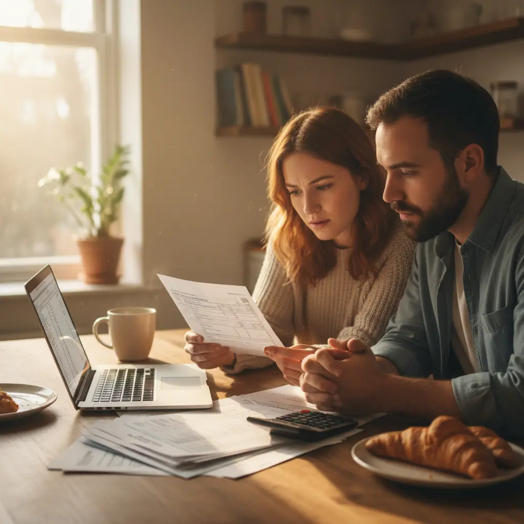 Couple looking at a paper next to a laptop
