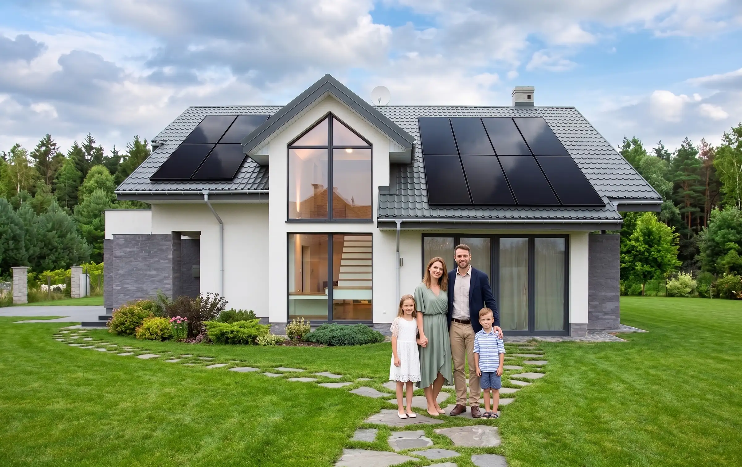 Modern solar home with a happy family