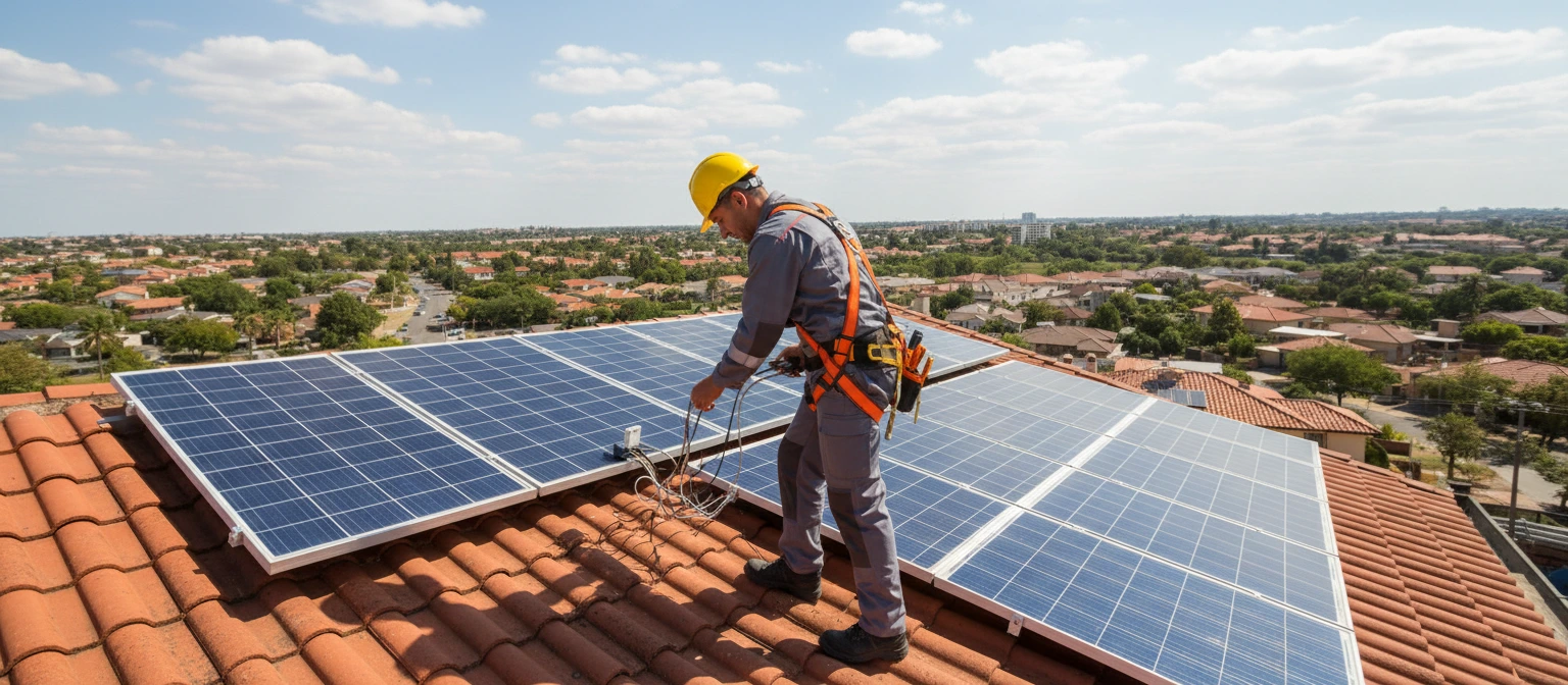 Solar installer in a yellow hard hat next to solar panels